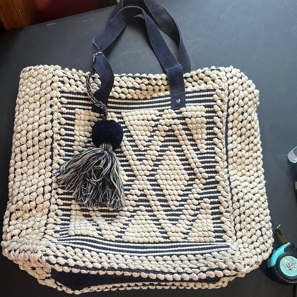 Large love, stitch tote, navy blue and cream 20” x 18 x 7”